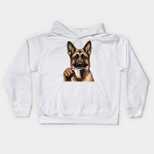 German Shepherd Drinking Coffee Kids Hoodie